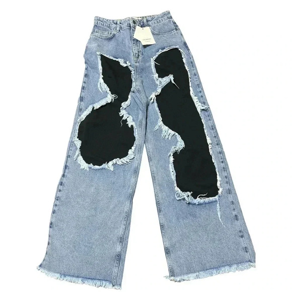 You Wanna Wide Leg Distressed Raw Hem Jeans NWT Baggy Y2K Patches Grunge - Picture 1 of 14